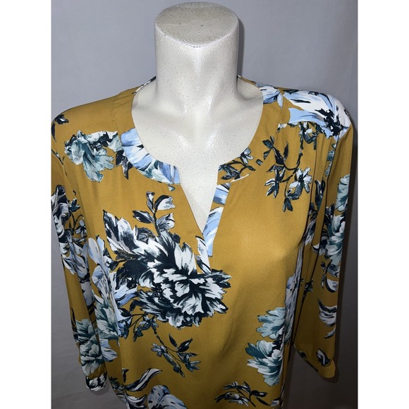 Van Heusen Top Women's Size XXL Mustard Blue Floral 3/4 Sleeve Pullover Blouse - Picture 2 of 10